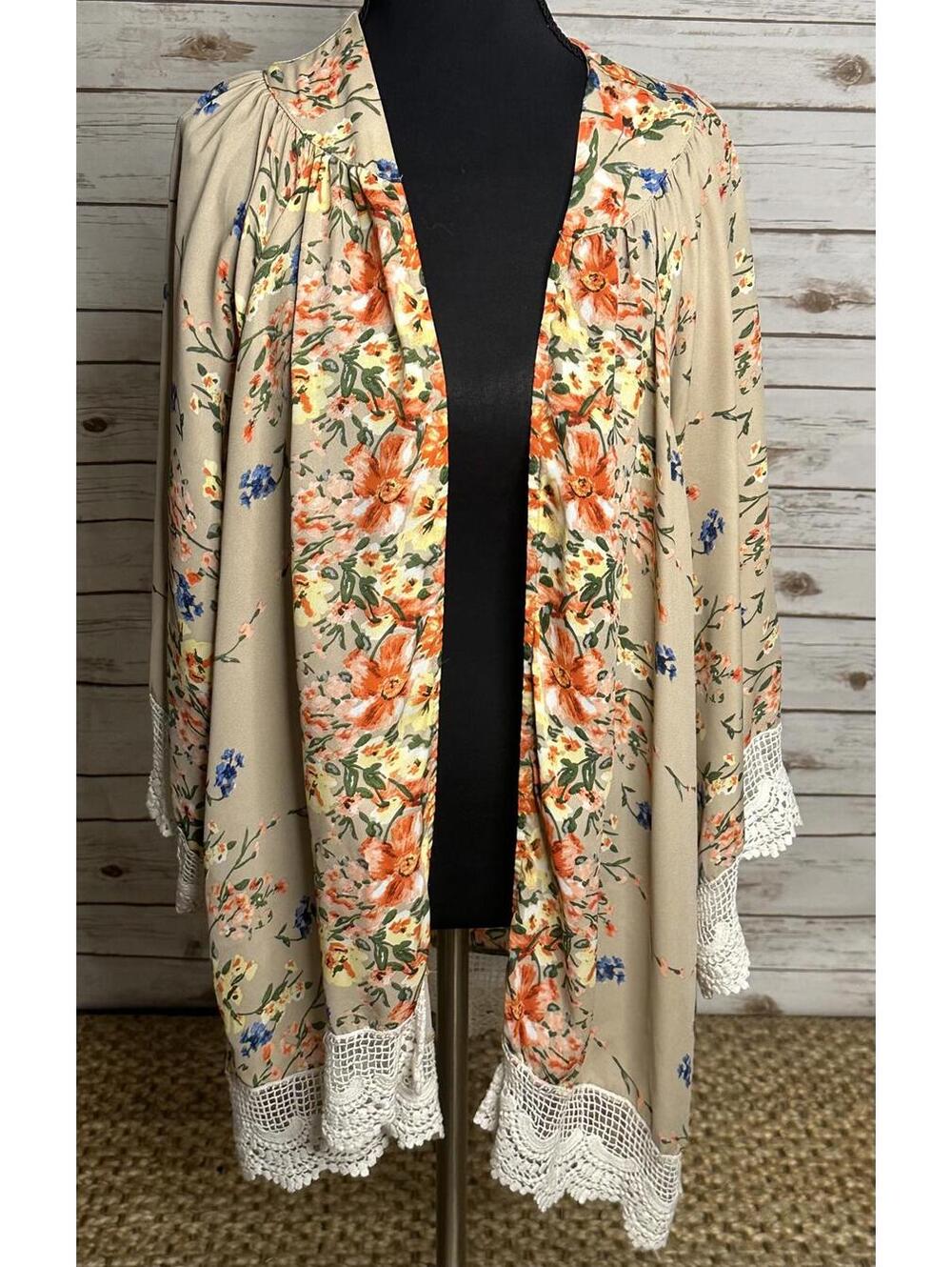 Umgee multicolored floral crochet lace trimmed open front kimono/duster/cover-up